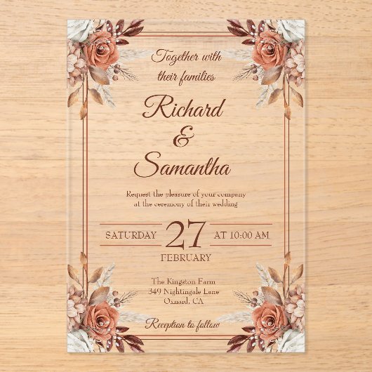 Invitations En Acrylique Mariage Boho à cadre floral rustique (Recto)