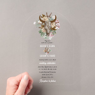 Invitations En Acrylique Mariage Boho Cowboy Occidental Crâne de Vache