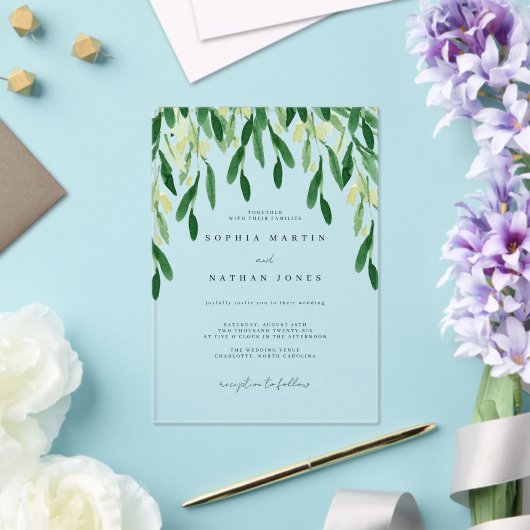 Invitations En Acrylique Mariage botanique à feuilles vertes (Insitu (Mariage))