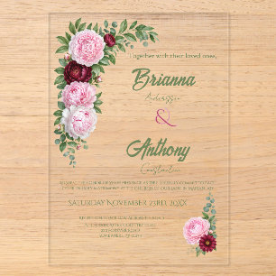 Invitations En Acrylique Mariage Botanique au Merlot Romantique et Pivoine