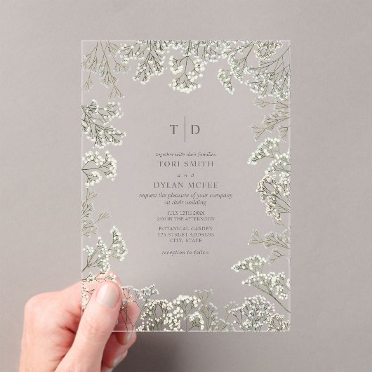 Invitations En Acrylique Mariage botanique avec monogramme et Gypsophile (In situ (ordinateur de poche))