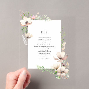 Invitations En Acrylique Mariage Botanique Blanc Cassé Fleurs de Monogramme