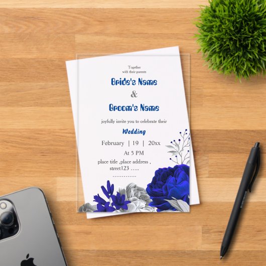 Invitations En Acrylique mariage botanique bleu et argent royal (Insitu (Carte d'invitation))
