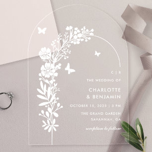 Invitations En Acrylique Mariage Botanique Élégant Papillon Blanc