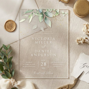 Invitations En Acrylique Mariage botanique feuilles d'eucalyptus or
