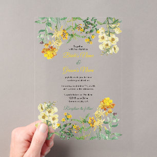 Invitations En Acrylique Mariage botanique floral aquarelle jaune vintage