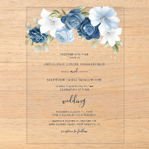 Invitations En Acrylique Mariage Botanique Floral Bleu Poussiéreux