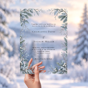 Invitations En Acrylique Mariage botanique hivernal bleu givré de luxe tran