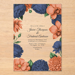Invitations En Acrylique Mariage botanique moderne bleu marine et corail