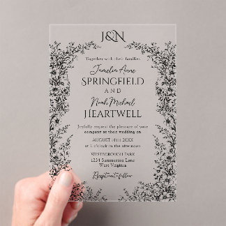 Invitations En Acrylique Mariage Botanique Moderne en Noir et Blanc