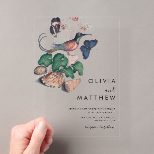 Invitations En Acrylique Mariage botanique oiseau floral élégant vintage