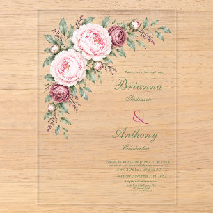 Invitations En Acrylique Mariage Botanique Romantique Rose Pivoine Rose Pou