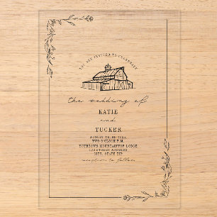 Invitations En Acrylique Mariage Botanique Rustique avec Dessin de Grange