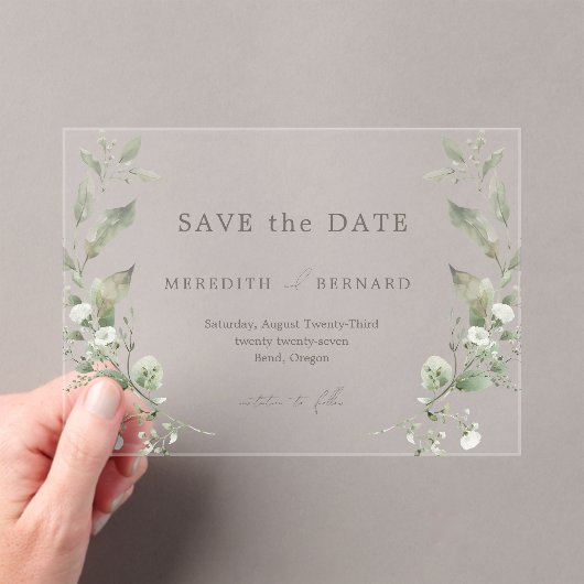 Invitations En Acrylique Mariage botanique simple et élégant Enregistrer la (In situ (ordinateur de poche))