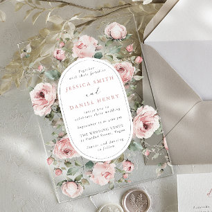 Invitations En Acrylique Mariage Cadre Floral Roses Rouges et Sauge