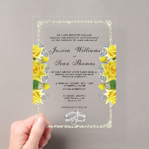 Invitations En Acrylique Mariage Cadre Luxueux, Bagues Diamant et Roses Jau
