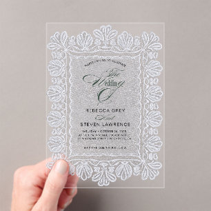 Invitations En Acrylique Mariage calligraphié en dentelle blanche chic