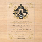 Invitations En Acrylique Mariage campagnard noir et or (Recto)