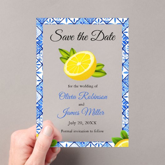 Invitations En Acrylique Mariage Carrelage Bleu Méditerranéen Sauvez la dat (In situ (ordinateur de poche))