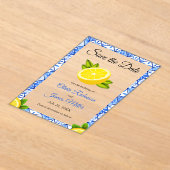 Invitations En Acrylique Mariage Carrelage Bleu Méditerranéen Sauvez la dat (Poser)