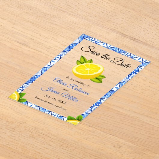 Invitations En Acrylique Mariage Carrelage Bleu Méditerranéen Sauvez la dat (Poser)