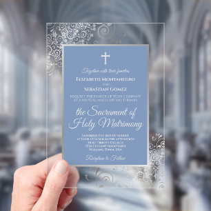 Invitations En Acrylique Mariage Catholique Élégant aux Tons Bleu Poussiére