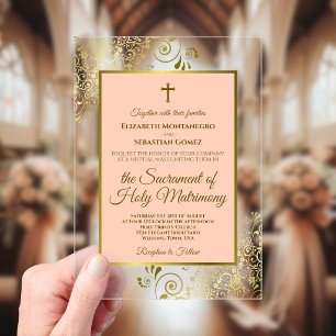 Invitations En Acrylique Mariage Catholique Élégant Corail Péché & Or Orné