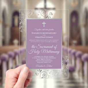 Invitations En Acrylique Mariage Catholique Élégant Lavande Violet et Argen