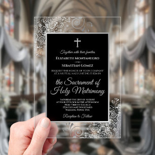 Invitations En Acrylique Mariage Catholique Élégant Noir et Argent Orné
