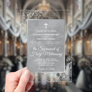 Invitations En Acrylique Mariage Catholique Élégant Orné Argent et Gris