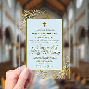Invitations En Acrylique Mariage Catholique Élégant Poudre Bleu et Or Orné