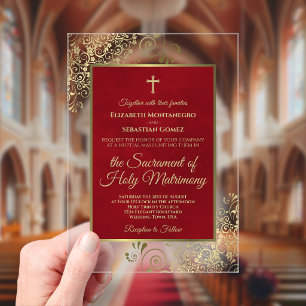 Invitations En Acrylique Mariage Catholique Élégant Rouge Cramoisi et Or Or
