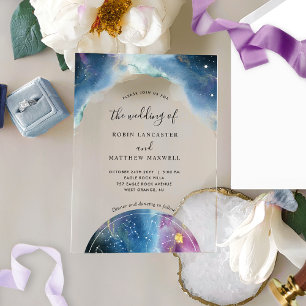 Invitations En Acrylique Mariage céleste à l'aquarelle bleu chic et violet