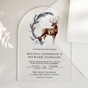 Invitations En Acrylique Mariage Cerf Forêt Feuilles de Pin Givrées Rustiqu