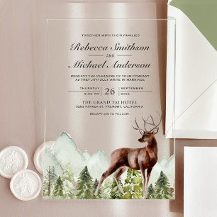 Invitations En Acrylique Mariage Cerf Forêt Montagne Aquarelle Rustique
