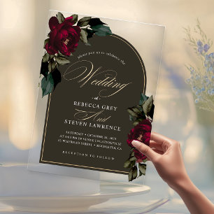 Invitations En Acrylique Mariage chic gothique sombre rouge vert floral