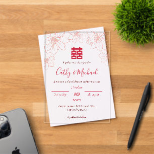 Invitations En Acrylique Mariage chinois bohème rouge et beige floral