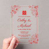 Invitations En Acrylique Mariage chinois cadre fleuri rouge beige oriental (In situ (ordinateur de poche))