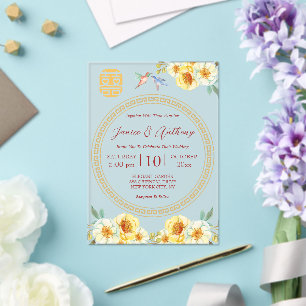 Invitations En Acrylique Mariage chinois élégant oiseau floral jaune rouge