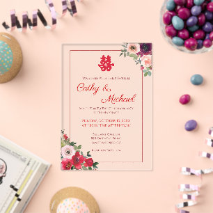 Invitations En Acrylique Mariage chinois jardin floral pourpre rouge