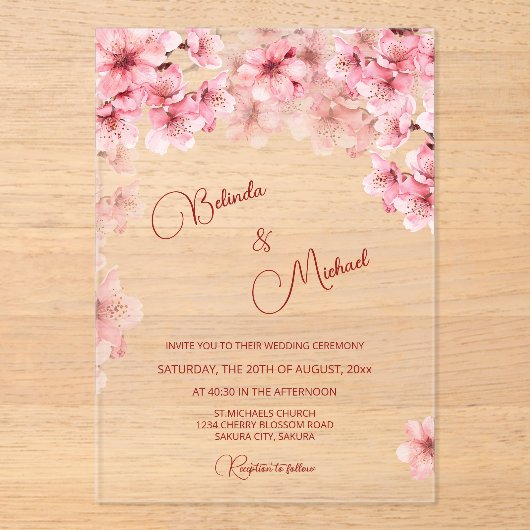 Invitations En Acrylique Mariage Clair sous les Fleurs de Cerisier (Recto)