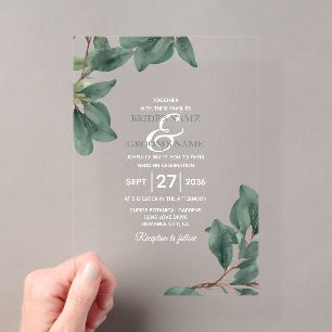 Invitations En Acrylique Mariage Clair Transparent à la Verdure d'Eucalyptu