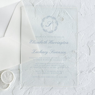 Invitations En Acrylique Mariage Classique Bleu Poussiéreux Monogramme Cour