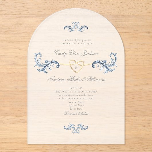 Invitations En Acrylique Mariage classique Dusty Blue Rococo (Recto)