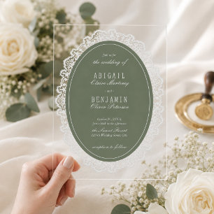 Invitations En Acrylique Mariage Classique en Dentelle Florale Vert Sauge