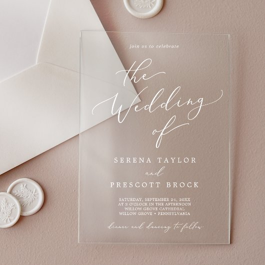 Invitations En Acrylique Mariage Classique Moderne Blanc Calligraphie Éléga