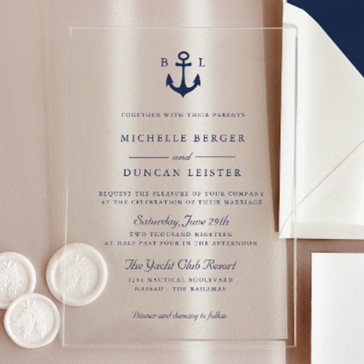 Invitations En Acrylique Mariage Classique Nautique à Monogramme Bleu