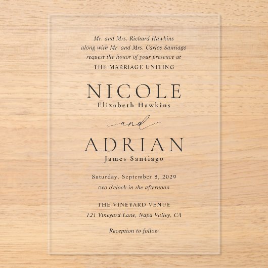 Invitations En Acrylique Mariage classique noir et blanc élégant (Recto)