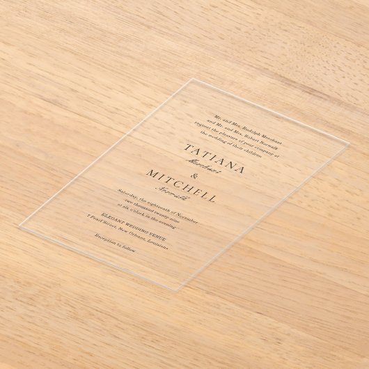 Invitations En Acrylique Mariage classique noir et blanc élégant (Poser)