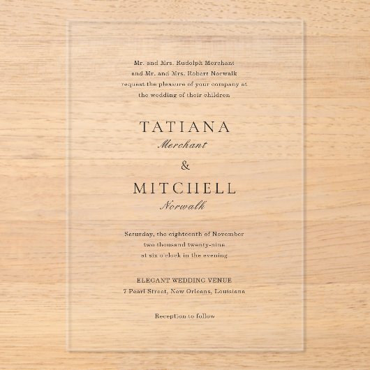 Invitations En Acrylique Mariage classique noir et blanc élégant (Recto)